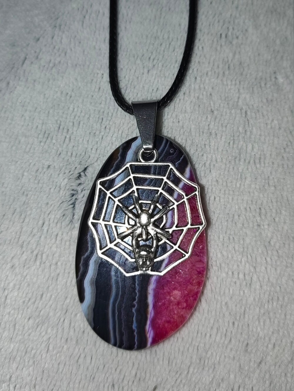 Spider Web Natural Stone Pendant Necklace on  Black Cord - Handmade Jewelry